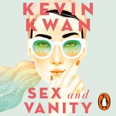 Een close-up van een vrouw in de stijl van een illustratie, met een witte zonnebril en een oranje sjaal om haar hoofd. De tekst 'SEX and VANITY' is prominent aanwezig.