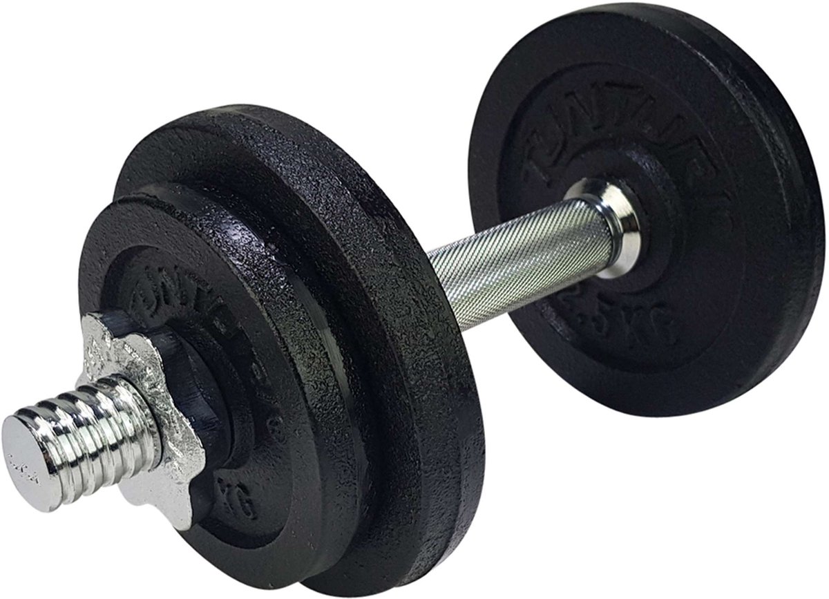 Tunturi Dumbell Gietijzer totaal 10kg - Halterset met schroefsluiting - Dumbbell set - 1 halterstang - 30mm - incl. gratis fitness app