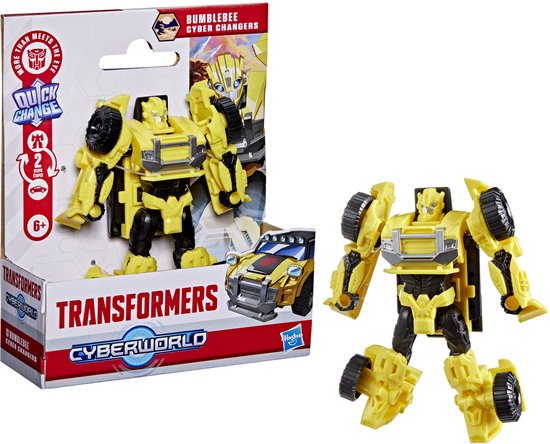 Verpakking van de Transformers Bumblebee Cyber Changers actiefiguur, met het figuur in robot- en autovorm.
