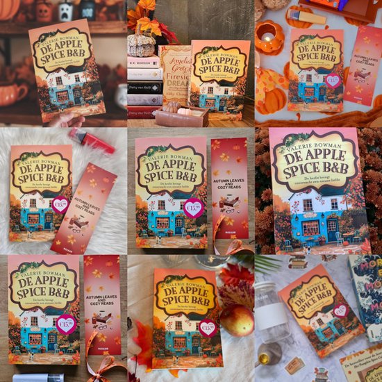 Deur van een B&B met blauwe voorgevel, met de titel 'De Apple Spice B&B' en herfstdecoraties.