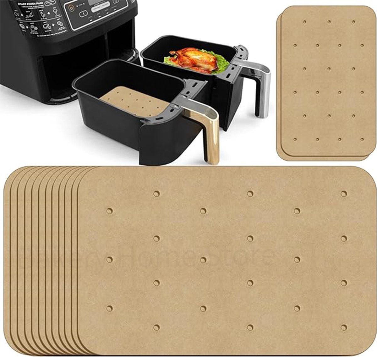 100 vellen bakpapier voor heteluchtfrituren, antiaanbak, geperforeerd, echthoekige tissues, Geschikt voor Ninja Foodi dubbele mand