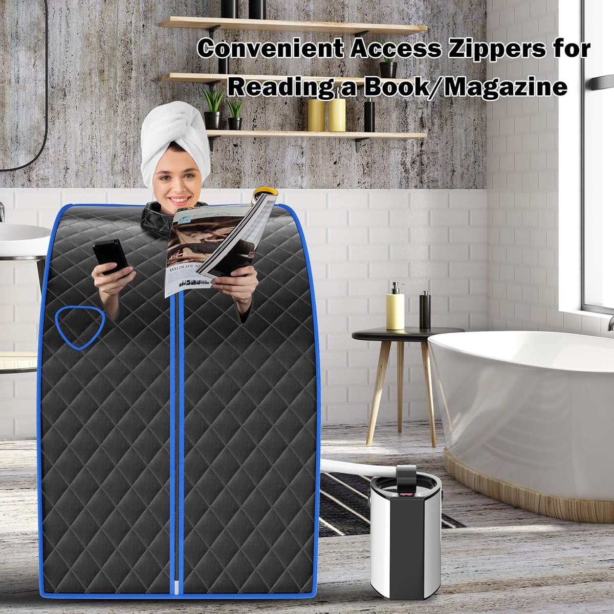 COSTWAY Draagbare stoomsauna, 1000 W, 3L opvouwbare persoonlijke therapeutische sauna met afstandsbediening, instelbare temperatuur en timer, roestvrij staal stoomoven met verstuiving functie, explosiebestendig gehard glazen deksel, 101 x 87 x 78 cm thumbnail 2