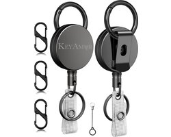Set van 2 RVS Uittrekbare Dyneema Koord Sleutelhanger met Lanyard en Karabijnsluiting - Badgehouder met Clip - Intrekbare Broekclip Karabijnhaak Sleutelkoord - Afrolmechanisme voor Badges en Sleutels - ID Jojo Pasjeshouder Keycord\Keykoord - Zwart