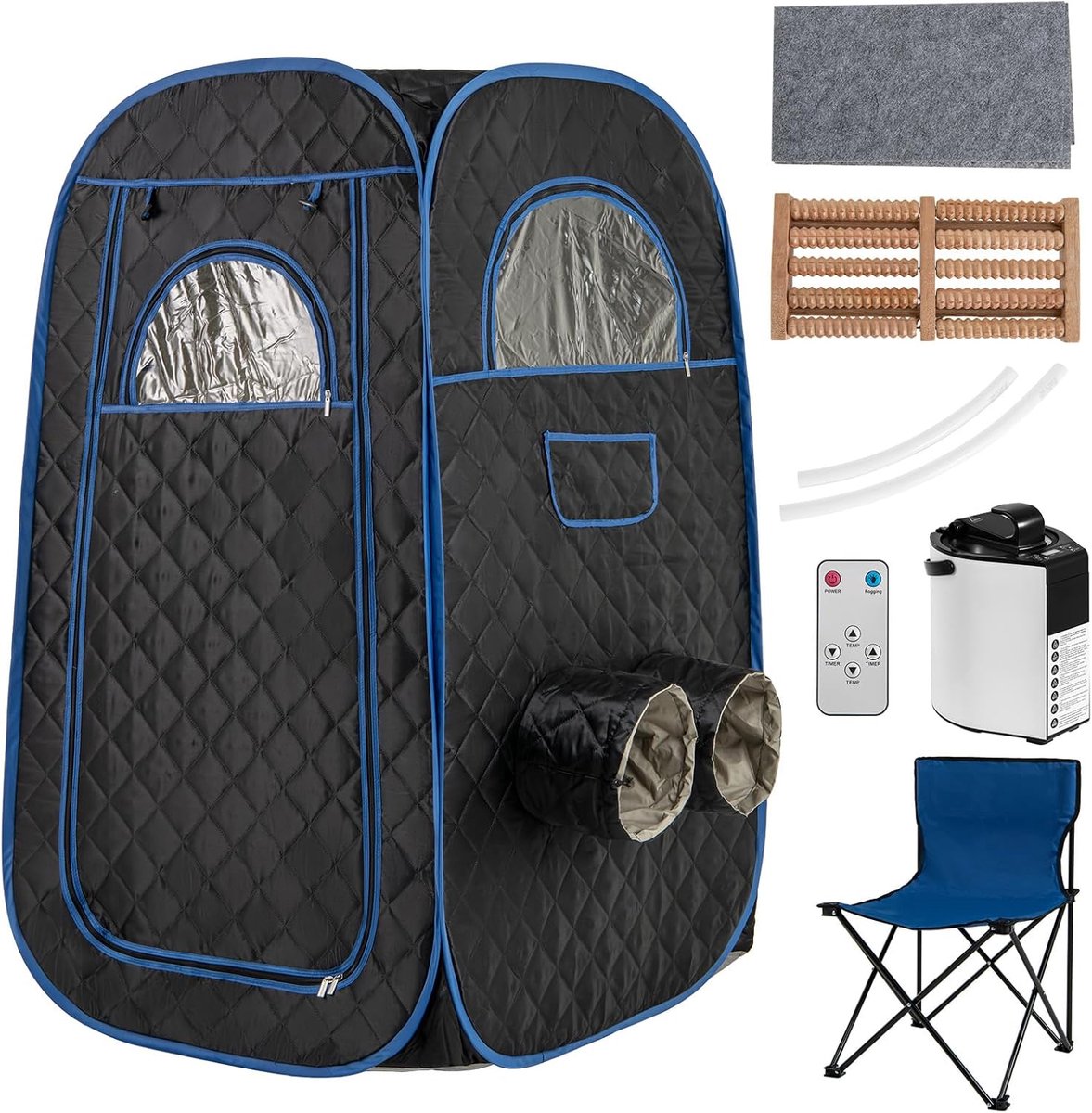COSTWAY draagbare stoomsauna, thuissauna voor 1-2 personen met 3 liter stoomgenerator, timer, afstandsbediening, voetmassager & klapstoel, sauna tent zitsauna voor thuis, 89 x 89 x 149 cm (zwart)
