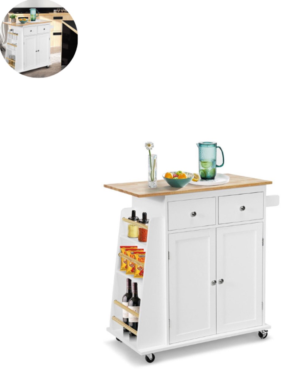 Keukeneiland - Verplaatsbaar - Keukenkast - Dressoir - Organizer - Kasten - Houten Werkblad - Wit