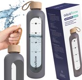Aquafloow Drinkfles, glas, 1000 ml, motiverend, met siliconen hoes, waterfles van borosilicaatglas met bamboe dop, BPA-vrij, ideaal voor op kantoor, op school, in de sportschool, 28,5 cm, kleur grijs