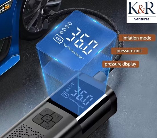 K&R Elektrische Fietspomp - Luchtcompressor - Bandenpomp - Ballenpomp - Voor Fiets, Scooter & Auto - met LED verlichting en digitale display - compact - usb oplaadbaar van Merkloos — afbeelding 5