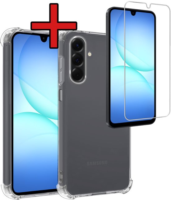 Combinatieaanbieding: transparante, schokbestendige hoes en een screenprotector voor een Samsung telefoon.