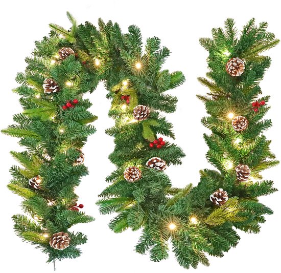 Guirlande de Noël NAIZY avec lumières Guirlande de sapin 300 cm, couronne de Noël, enfichable, avec pommes de pin, baies rouges et décorations de Noël pour l'extérieur