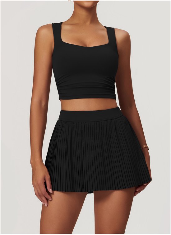 Vrouwen Sportbeha - Gewatteerde Draadloze Crop Top - Gym Workout Tops en Camisole - met Ingebouwde Beha - Vierkante Hals - L - Zwart — afbeelding 2