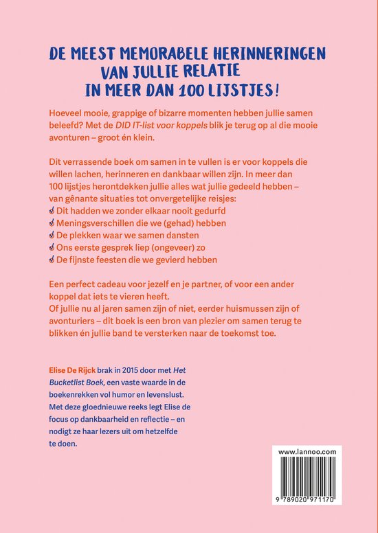 Boek met de titel 'De meest memorabele herinneringen van jullie relatie in meer dan 100 lijstjes!' met tekst en illustraties.
