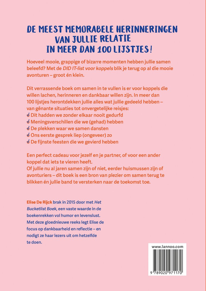 Boek met de titel 'De meest memorabele herinneringen van jullie relatie in meer dan 100 lijstjes!' met tekst en illustraties.
