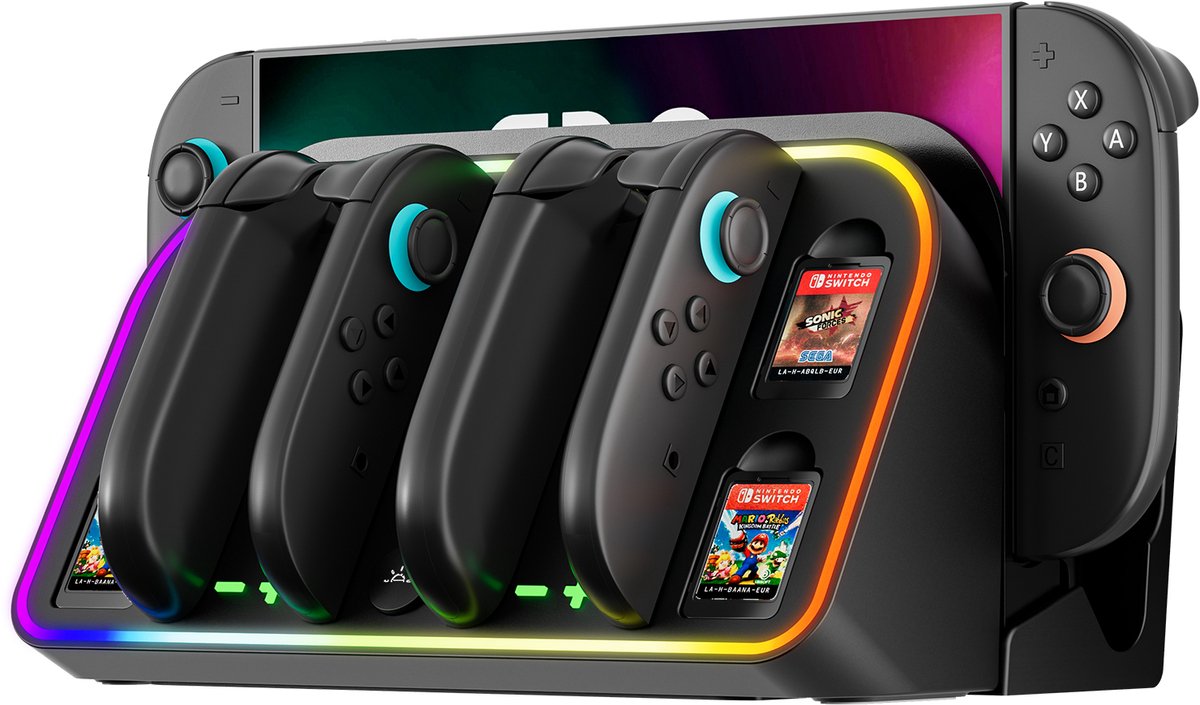 Oplaaddock voor Nintendo Switch 2 Joycon(2025)-4 in 1 magnetisch snellaadstation voor NS2-aan de muur en op tafel te plaatsen-met 4 sleuven voor game cards en LED.