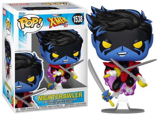 Funko Pop! Nightcrawler met blauwe huid, zwarte masker, gele ogen en twee zwaarden.