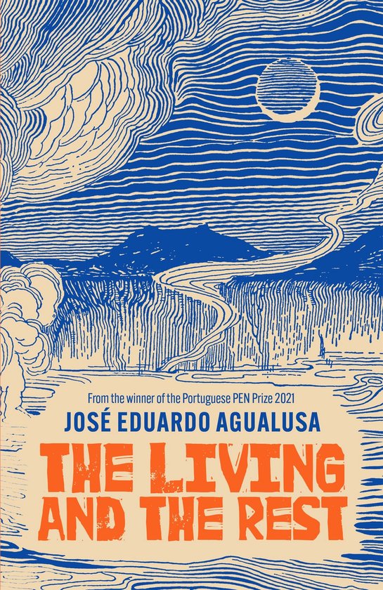Boekomslag van "The Living and the Rest" door José Eduardo Agualusa. Abstract ontwerp met blauwe en oranje lijnen, wolken, berg en een cirkel in de lucht.