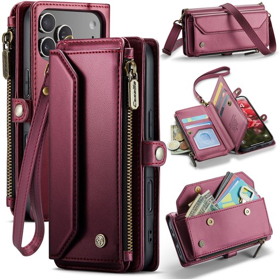 CaseMe - Telefoonhoesje geschikt voor Apple iPhone 17 Pro Max - Wallet Book Case met Schouder Strap - Rood