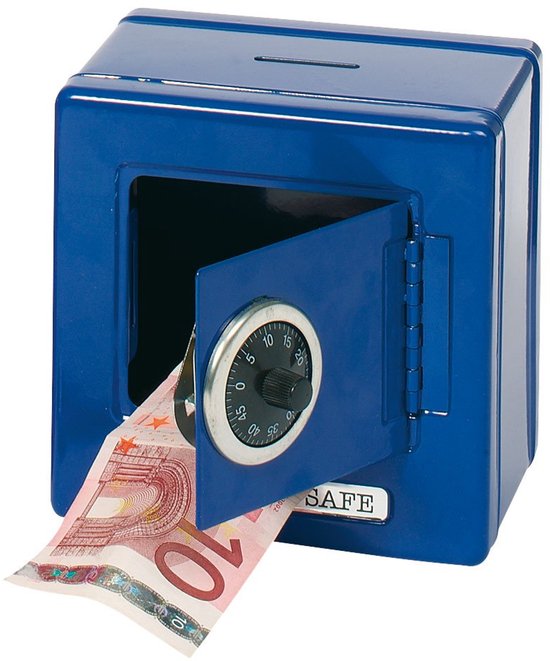 Tirelire bleue en forme de coffre-fort avec serrure à combinaison et un billet d'euro qui dépasse.