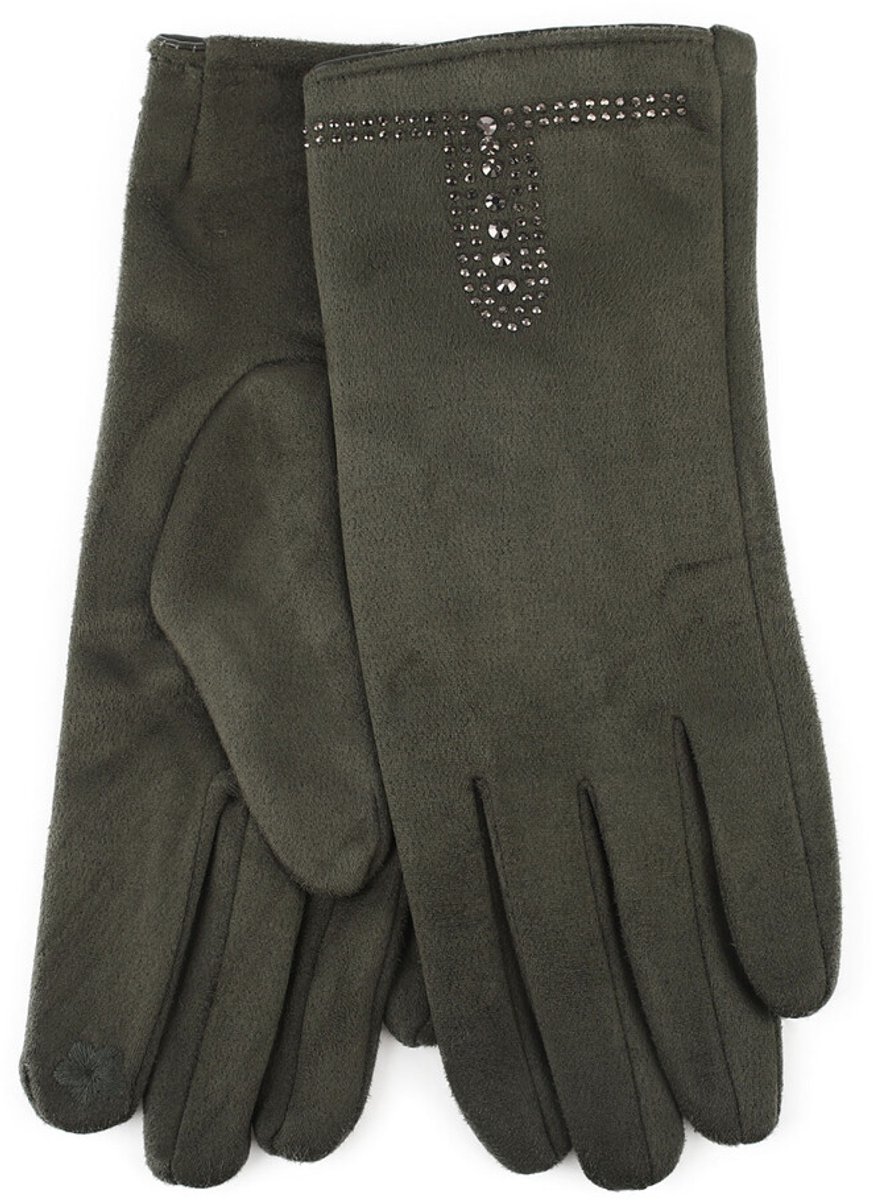Stevige faux suede dames handschoenen Minka-strass steentjes-effen kaki groen-touchscreenfunctie