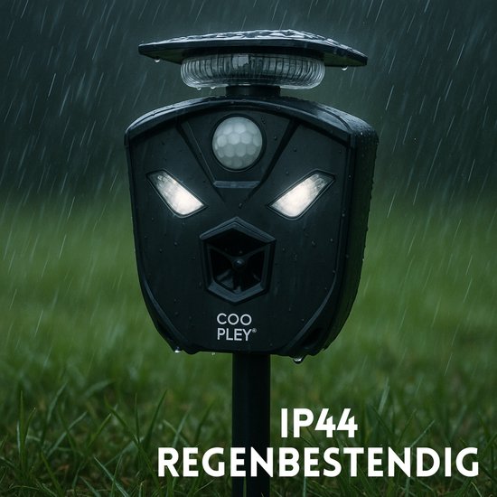 Zwarte ultrasone verjager met knipperende lampjes, regenbestendig (IP44).