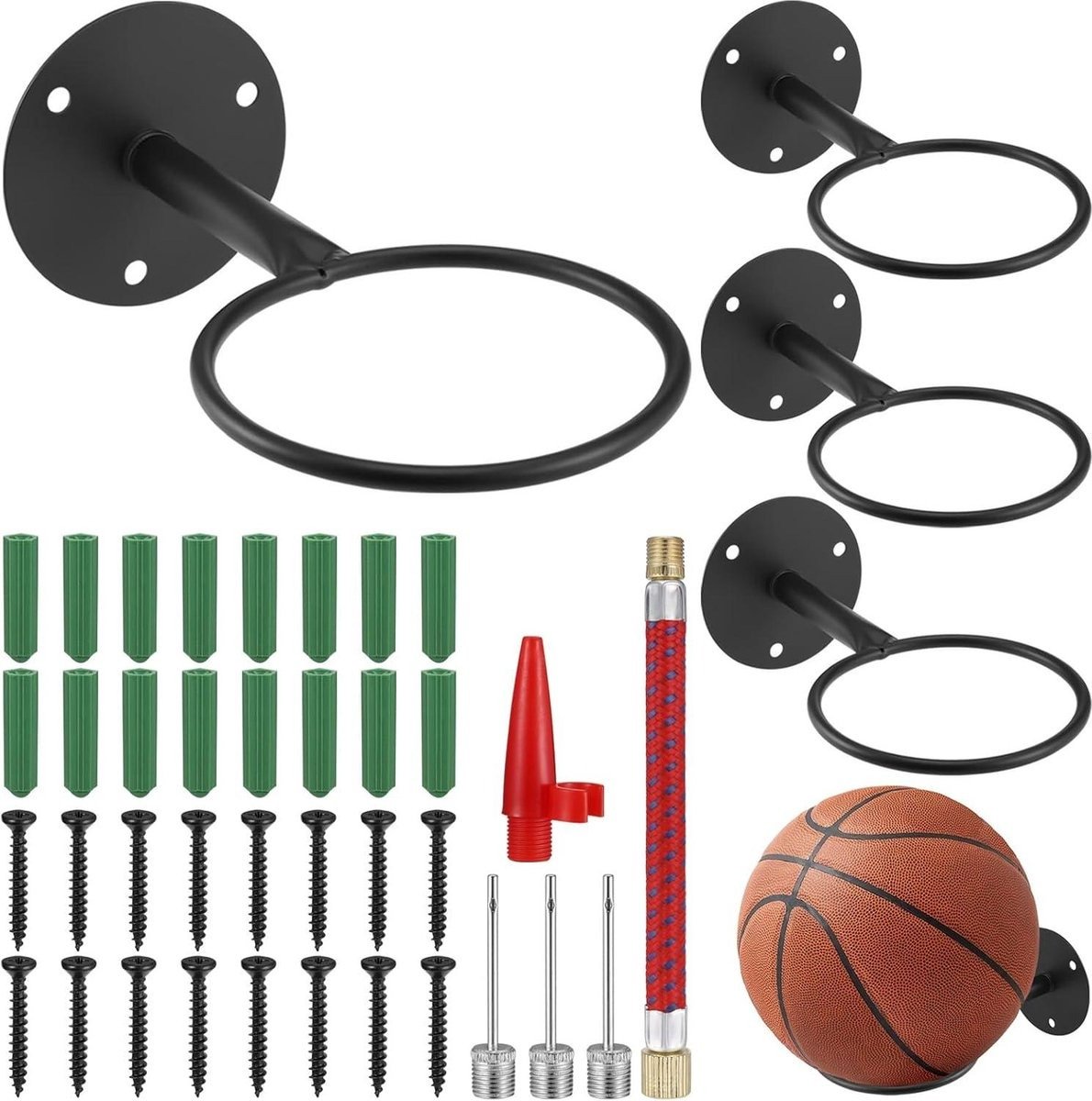 WNHB® Wandgemonteerde Balhouder Set van 4 - Robuuste Balstandaard met Schroeven en Pomp - Voor Basketbal Voetbal Volleybal - Zwart