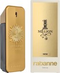Gouden fles Paco Rabanne 1 Million Parfum met donkergrijs glas, naast een gouden doos.