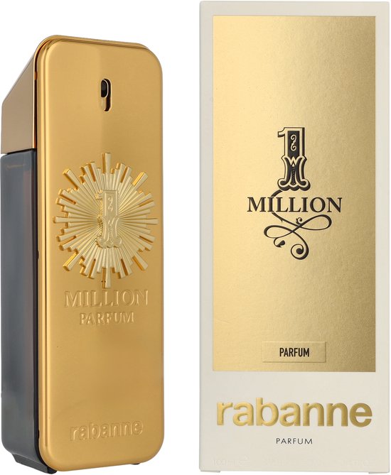 Gouden fles Paco Rabanne 1 Million Parfum met donkergrijs glas, naast een gouden doos.