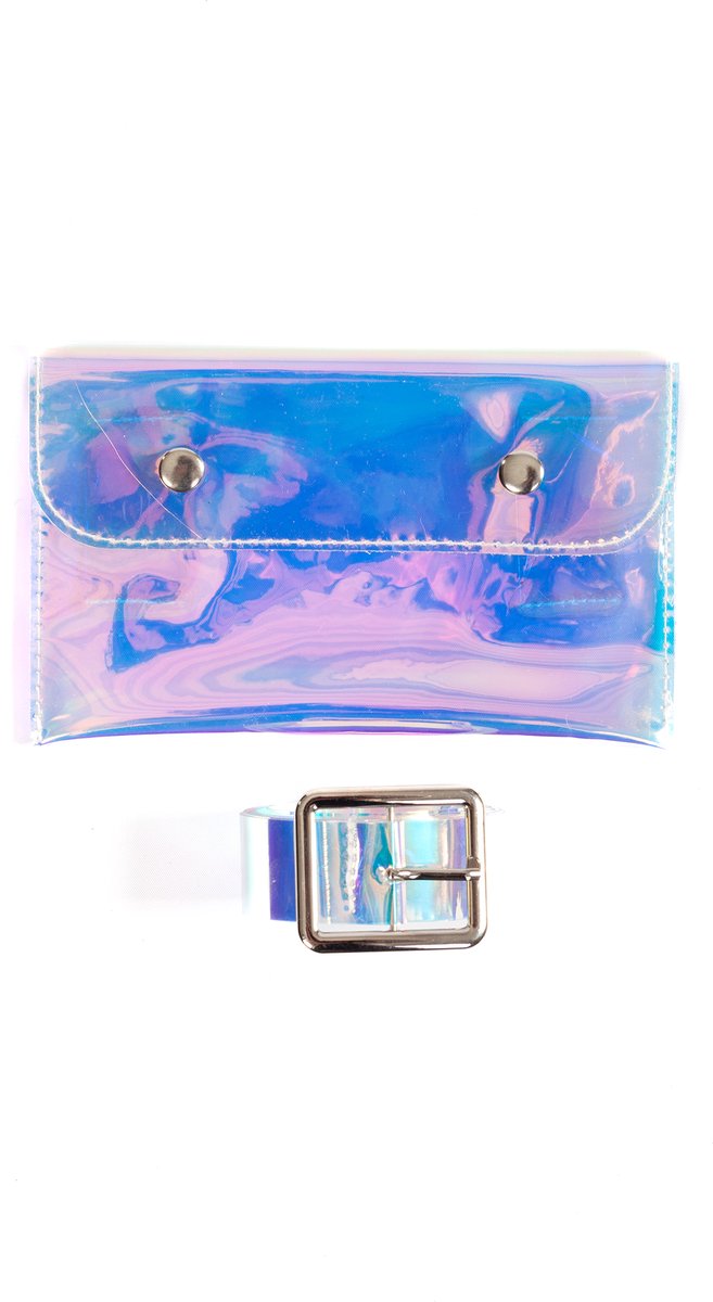 KIMU® Transparant Klein Heuptasje Iridescent Holografisch Aan Riem - Heuptas Fanny Pack - Doorzichtig Regenboog Tas Tasje - 2 Drukknoopjes Festival