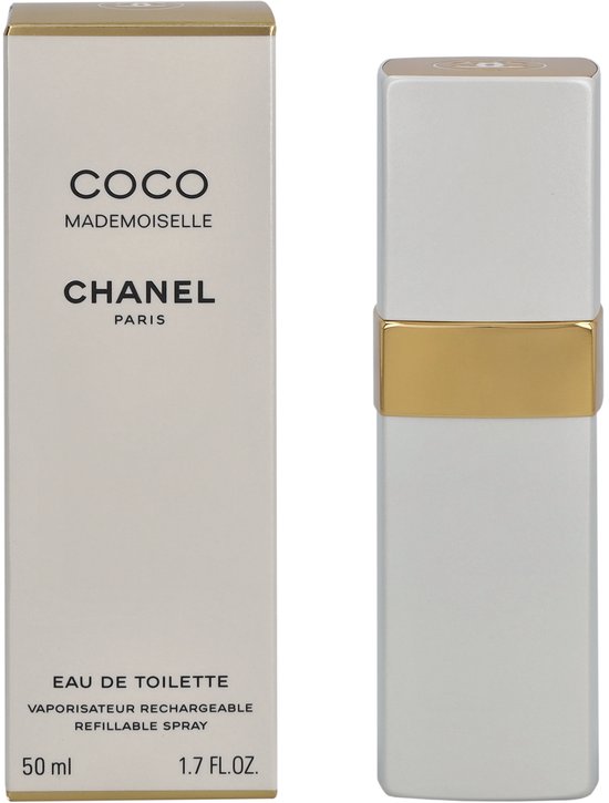 Coco Mademoiselle Eau de Toilette 50 ml spray met witte fles en gouden band.
