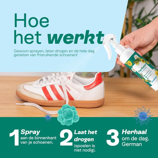 Een witte sneaker met rode strepen wordt bespoten met schoenparfum. Duidelijke stappen: 1. Spray binnenkant schoenen, 2. Laat drogen, 3. Herhaal.