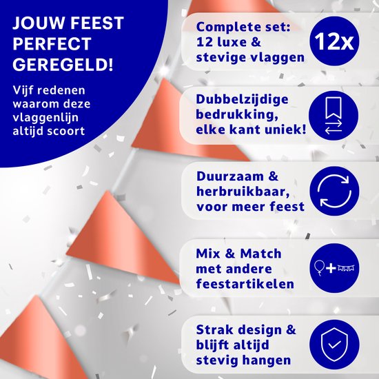 Fanions triangulaires couleur cuivre avec le texte "JOUW FEEST PERFECT GEREGELD!".