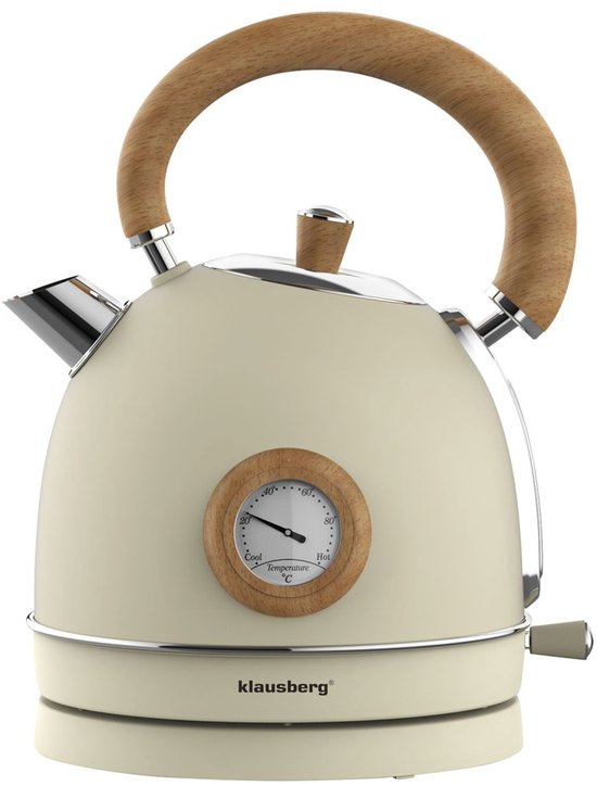 Bouilloire rétro crème avec anse et bouton en bois, avec thermomètre.