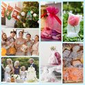 Een collage met verschillende feestelijke momenten. Kerstkousen aan een boom, cadeauzakjes met snoepjes en een bloem, een feest met champagne, en een bruidstaart.