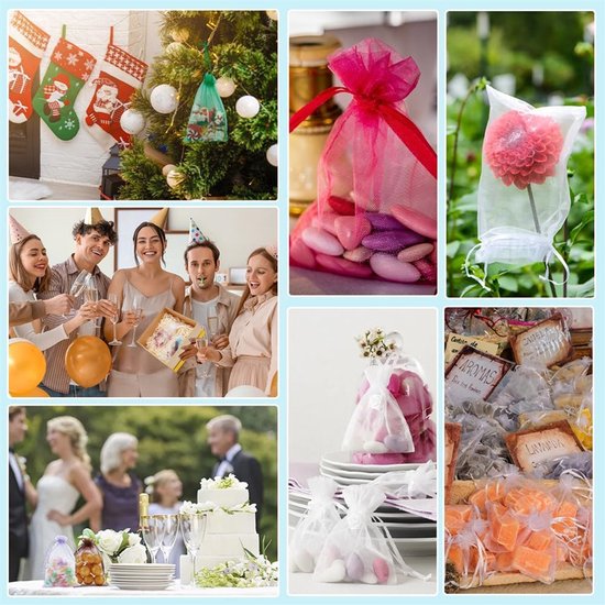 Een collage met verschillende feestelijke momenten. Kerstkousen aan een boom, cadeauzakjes met snoepjes en een bloem, een feest met champagne, en een bruidstaart.