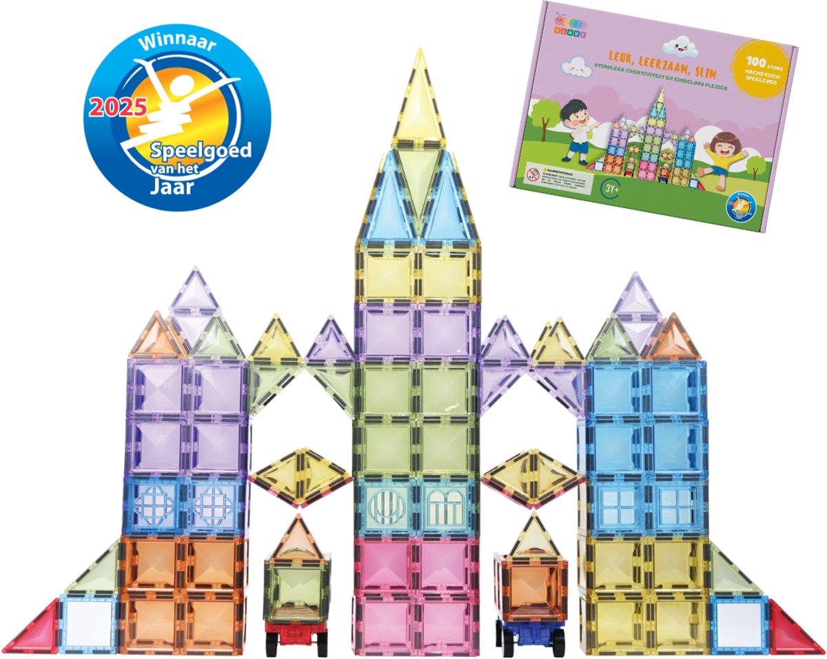 Gladi Tiles Pastel 100 Stuks - Magnetic Tiles - Magnetisch Speelgoed - Magnetische Tegels - Sensorisch Speelgoed - Bouwset Speelgoed 3 Jaar - Magnetische Bouwstenen - STEM Constructie Speelgoed