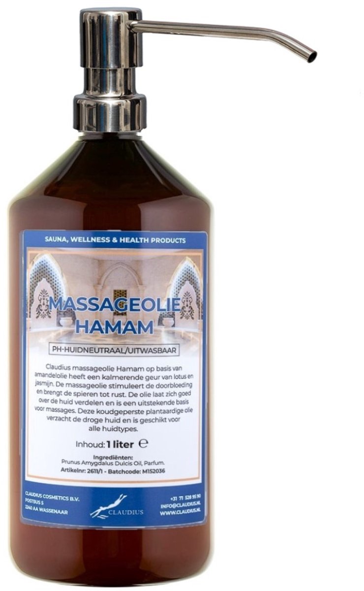 Massageolie Hamam 1 liter met zilveren pomp - 100% natuurlijk - biologisch en koud geperst