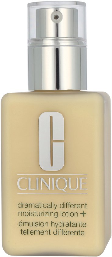 Fles Clinique Dramatically Different Moisturizing Lotion+ met pomp, gele vloeistof.