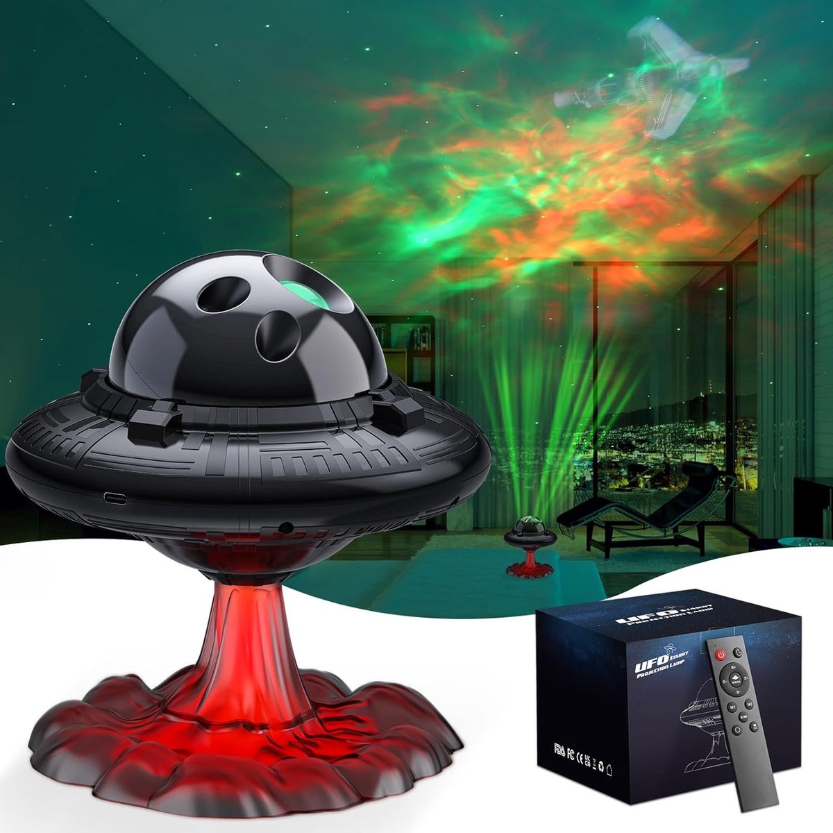 Ufo Sterrenhemelprojector, led, sterrenprojector, Galaxy Light, 8 mistmodi, 3 sterrenmodi, met nachtlampje, timer, afstandsbediening, instelbare helderheid, voor slaapkamer, kamerdecoratie