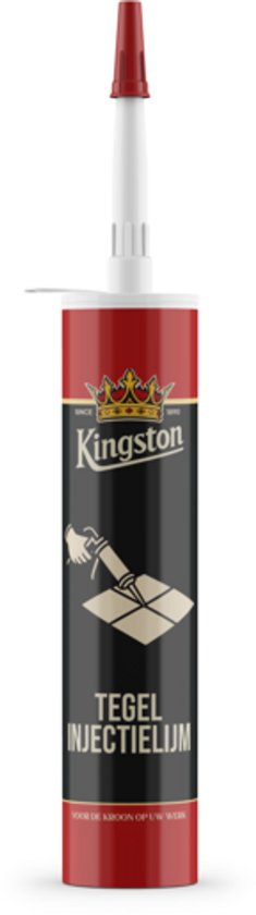 Kingston Tegel Injectielijm tube met rode dop, zwart en rood etiket met logo en "TEGEL INJECTIELIJM".