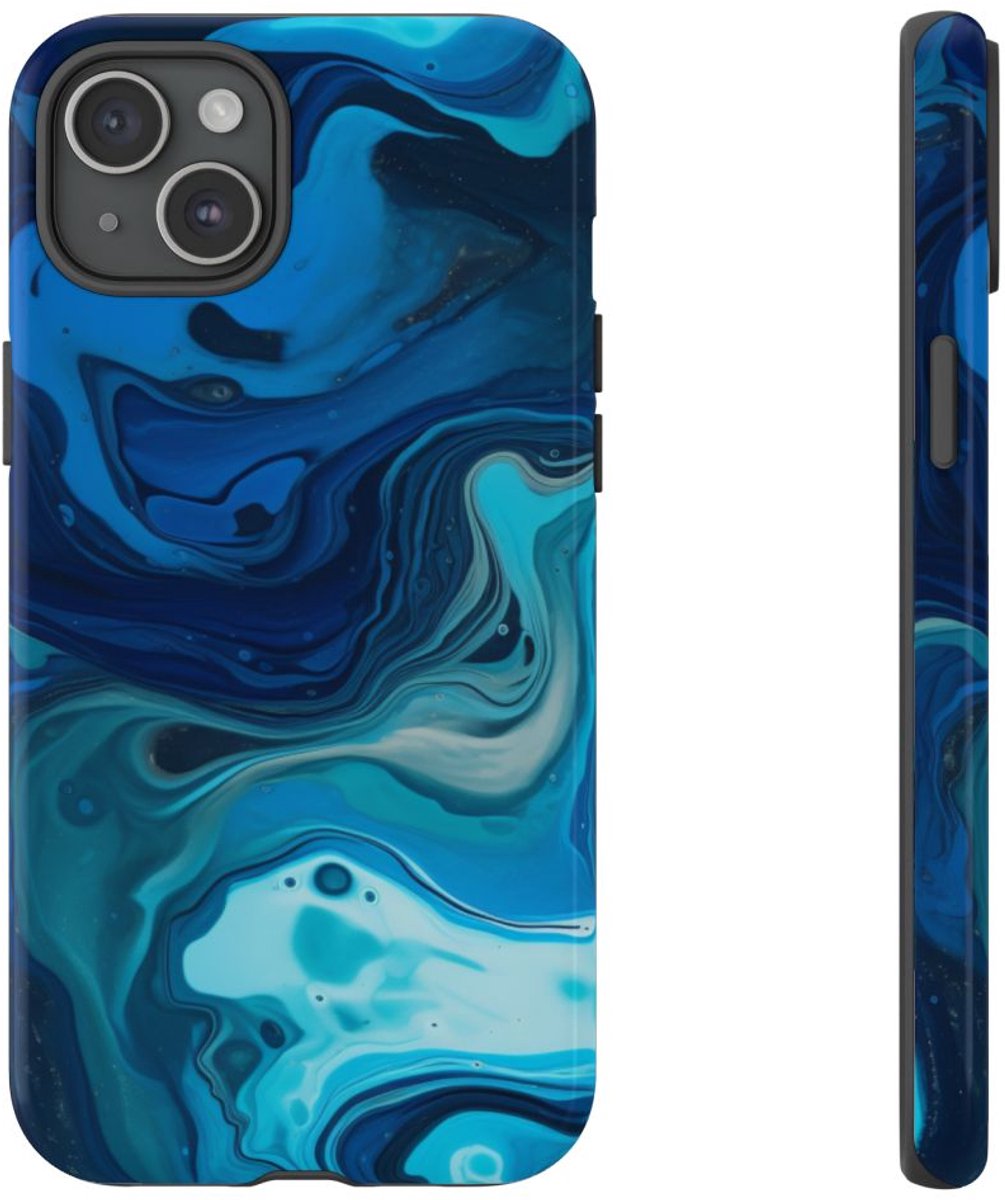 Blauw en Cyaan Vloeiende Abstracte Krullen – Telefoonhoesje Geschikt voor iPhone 15 Plus