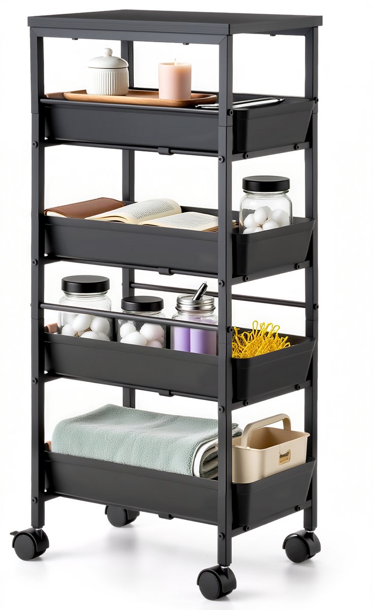 Behave Trolley - Keukentrolley - Badkamer Organizer - Opbergkast op Wieltjes - 5 Lades - Zwart