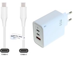 OneOne 65W super snellader met 3 poorten. Oplader met extra sterke 2,0m USB C naar C kabel. PPS GaN PD lader adapter past op Universeel Asus, ZTE, Fairphone, Sony Xperia, OPPO, Nokia, Acer, Arnova, BlackBerry, Anker (Soundcore), Archos, Poly Voyager