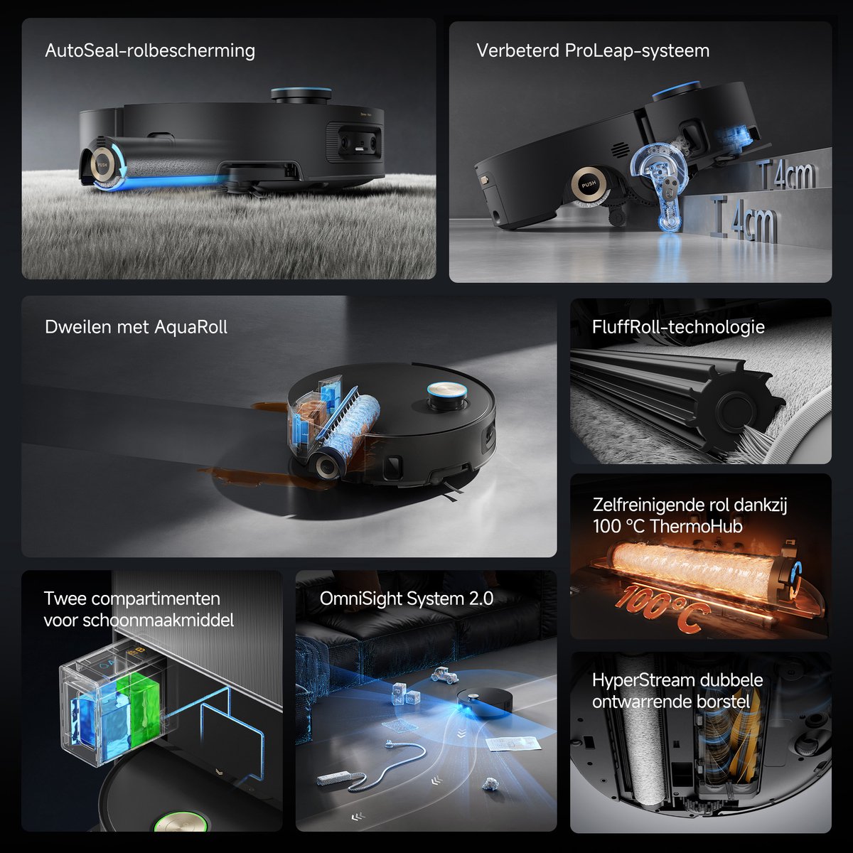 Dreame Aqua 10 Ultra Roller Complete Black – Robotstofzuiger met dweilfunctie – 30.000Pa Zuigkracht – AquaRoll™ & ThermoHub™ 100°C zelfreiniging – Tapijtveilig & slim Omnesight™ 2.0 navigatie – Voor harde vloeren & drempels — afbeelding 6
