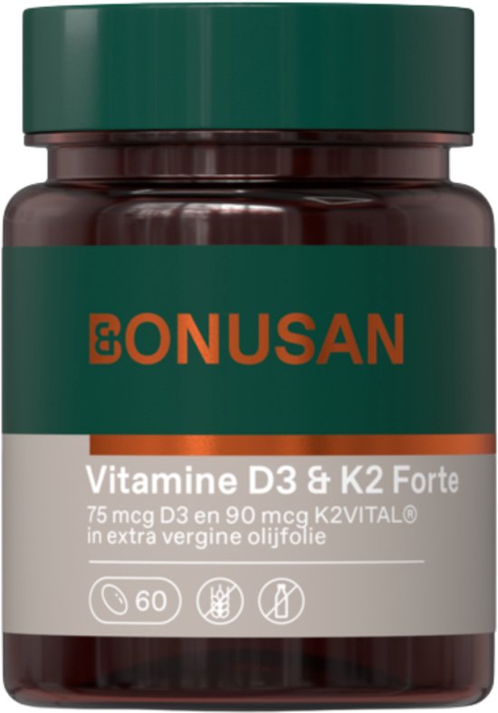 Fles Bonusan Vitamine D3 & K2 Forte, 60 capsules, in extra vierge olijfolie.