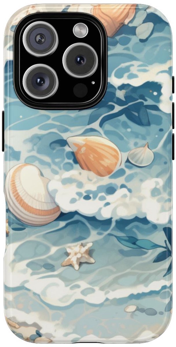 Zeesterren en Schelpen op Oceaangolven – Telefoonhoesje Geschikt voor iPhone 16 Pro