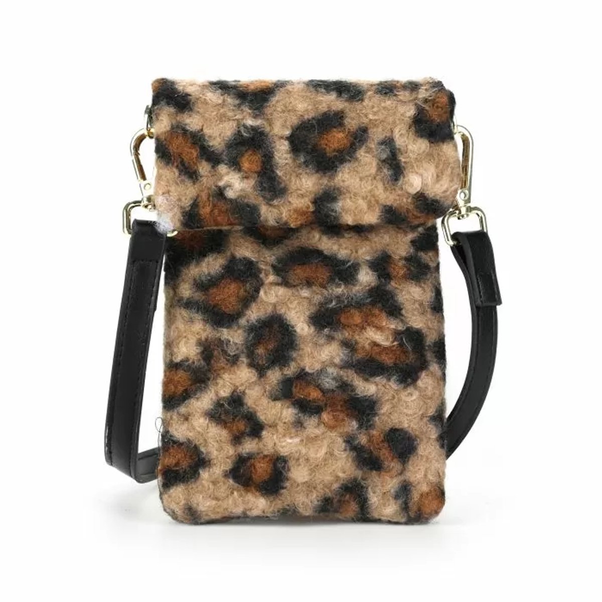 faux fur tasje leo – panterprint schoudertasje – 100% polyester – zacht bonttasje – 18 x 12 cm – dames handtasje – klein tasje met panterprint – fluffy bag – trendy tas dames – leopard print accessoires – modetasje voor avond of festival