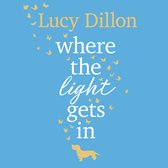 Boekcover met de titel 'Lucy Dillon where the light gets in' op een blauwe achtergrond, versierd met gele vlinders en een gele teckel.