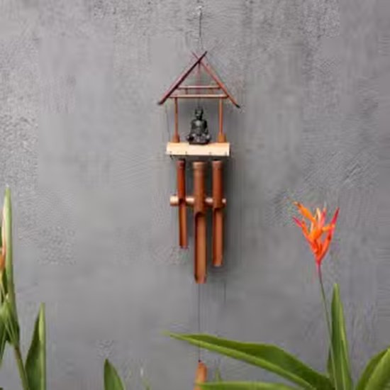 Carillon éolien en Bamboe - Finition naturelle - Bouddha noir 6 tubes