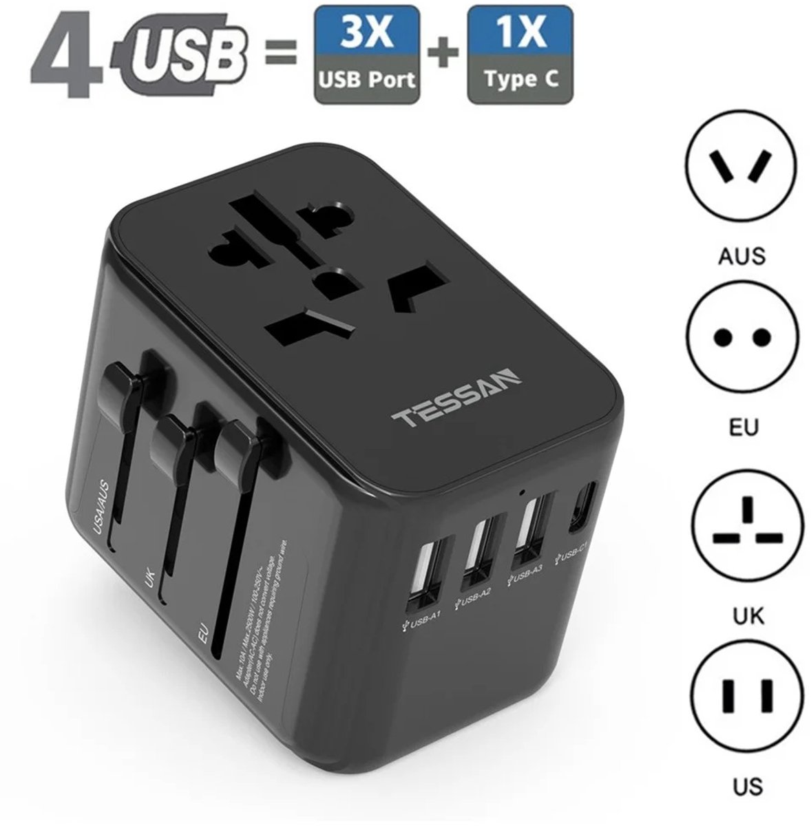 BolFlow® Wereldstekker - Reisstekker - Universele adapter - 150+ landen - 3x USB-A + 1x USB-C - Voor EU, UK, USA, AU - Zwart