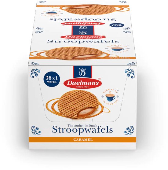 Doos met 36 Daelmans stroopwafels, met afbeelding van de wafel en karamel.