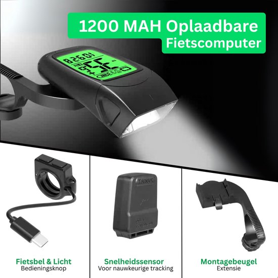 3 in 1 Fietscomputer met LED Koplamp en Elektrische Fietsbel - Kilometerteller Fiets met 12 functies - IP64 Waterdicht van Merkloos — afbeelding 4